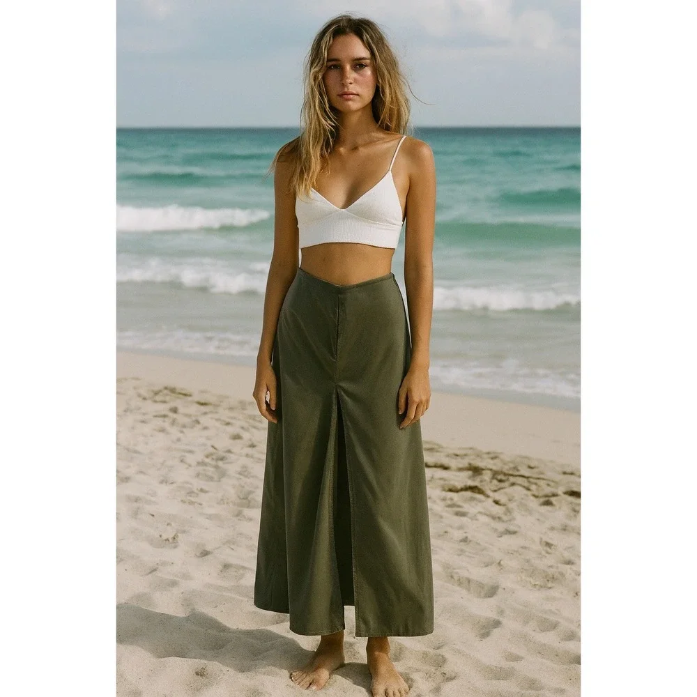90s Vintage Olive Green Maxi Skirt‎ Low Waist A Line Full Length Skirt